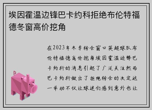 埃因霍温边锋巴卡约科拒绝布伦特福德冬窗高价挖角 埃因霍温边锋巴卡约科拒绝布伦特福德冬窗高价挖角
