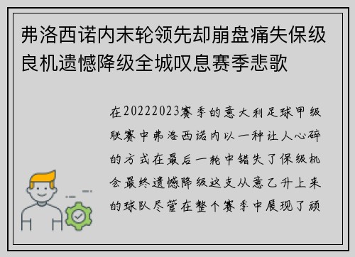 弗洛西诺内末轮领先却崩盘痛失保级良机遗憾降级全城叹息赛季悲歌